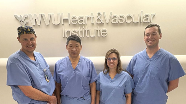 The WVU Heart and Vascular Institute ARISE II trial team<br />
includes (from left to right) J. Hunter Mehaffey, MD;<br />
Lawrence Wei, MD; Pamela Zimmerman, MD;<br />
and Matthew Cunningham-Hill, MD.